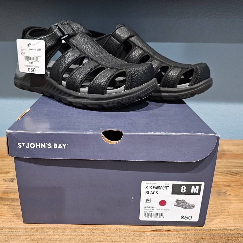 St Johns Bay Mens Fairport Fisherman Sandals Black Faux Leather Size 8 M